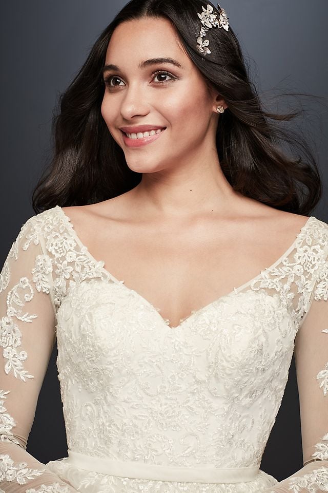 Vestido de novia línea A con mangas largas y escote en espalda, MARFIL, hi-res