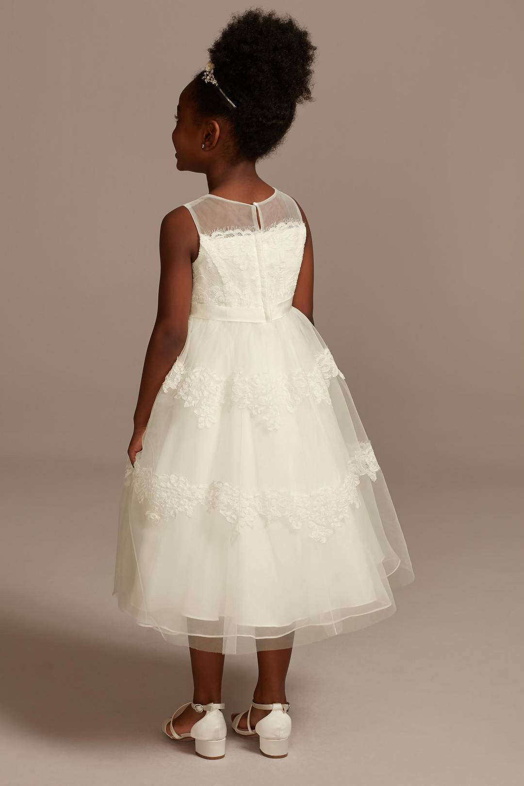 Vestido de primera comunión con aplicaciones de encaje en la falda, MARFIL, hi-res