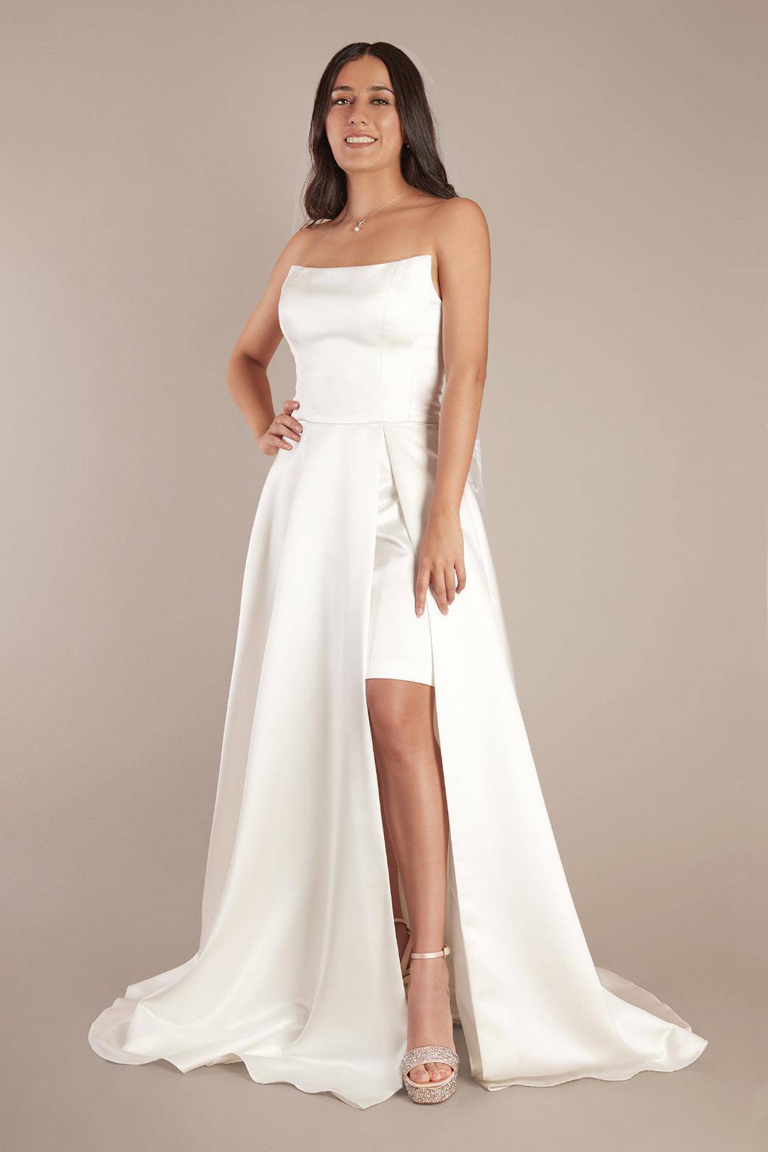 Vestido de novia recto con abertura en la pierna, BLANCO SUAVE, hi-res