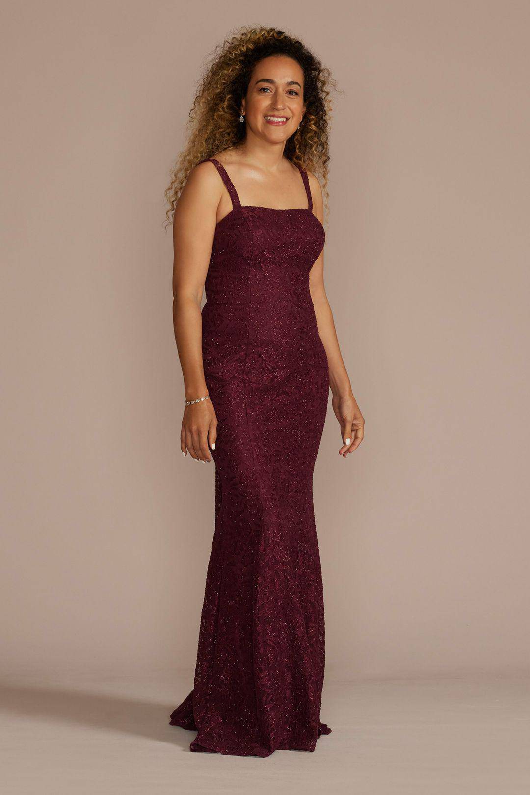 Vestido largo silueta sirena con bolero de encaje, VINO, hi-res