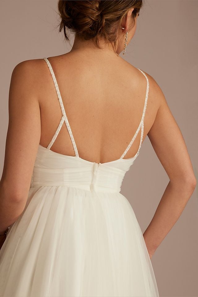 Vestido de novia línea A con espalda baja y tirantes decorados con cristales, BLANCO SUAVE, hi-res