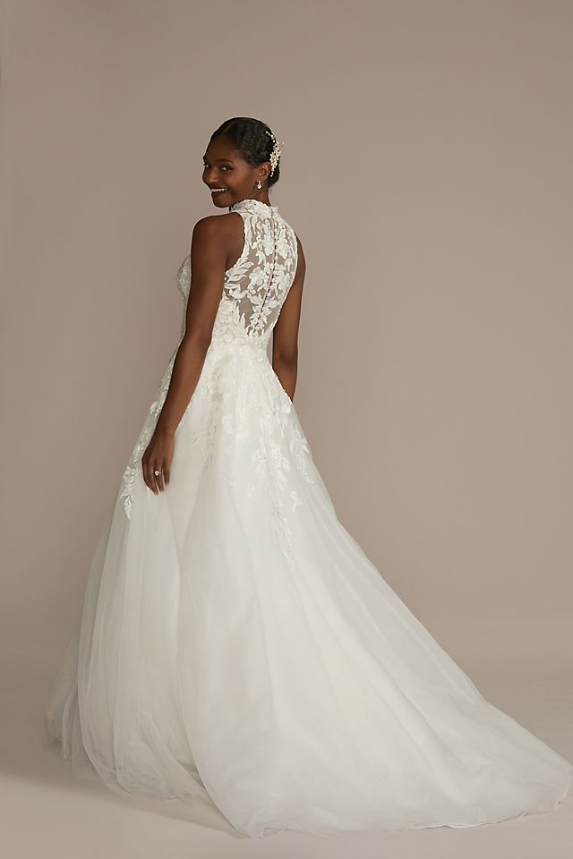 Vestido de novia con aplicaciones de encaje y escote halter, BLANCO SOLIDO, hi-res