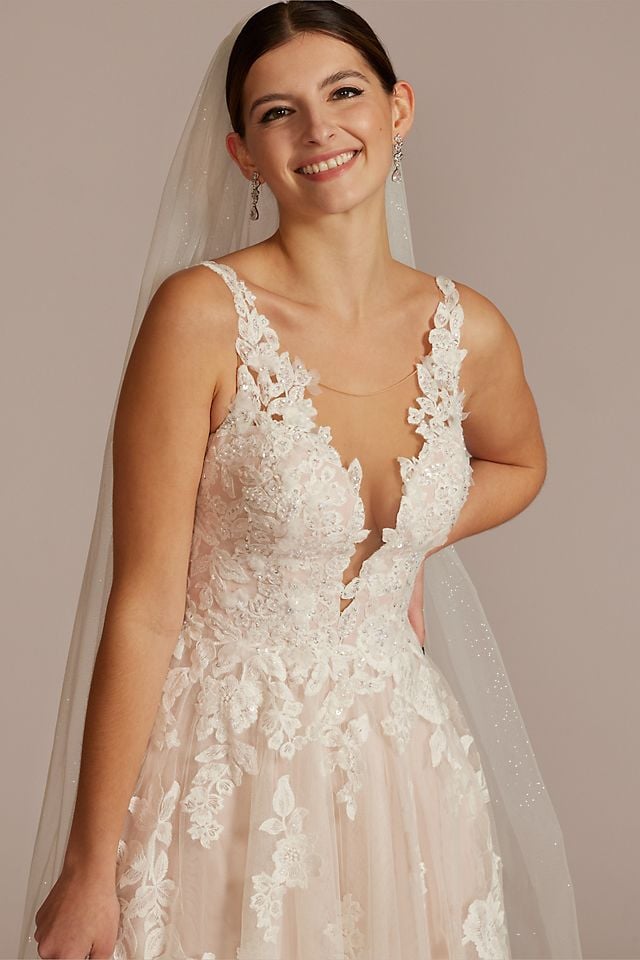 Vestido de novia línea A con escote profundo y aplicaciones florales, MARFIL/CASHMERE, hi-res