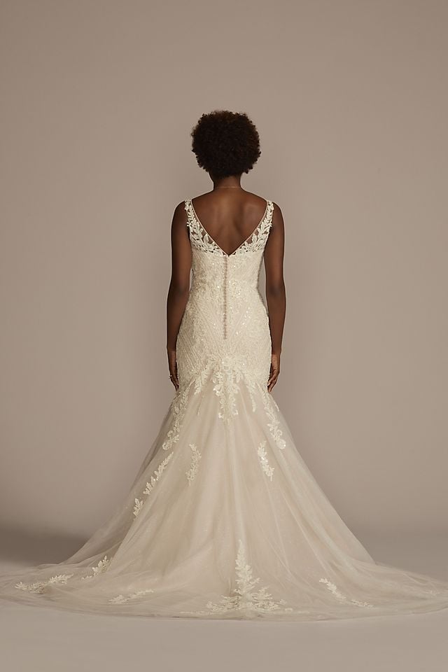Vestido de novia sirena con aplicaciones de encaje y escote en V, MARFIL/CASHMERE, hi-res