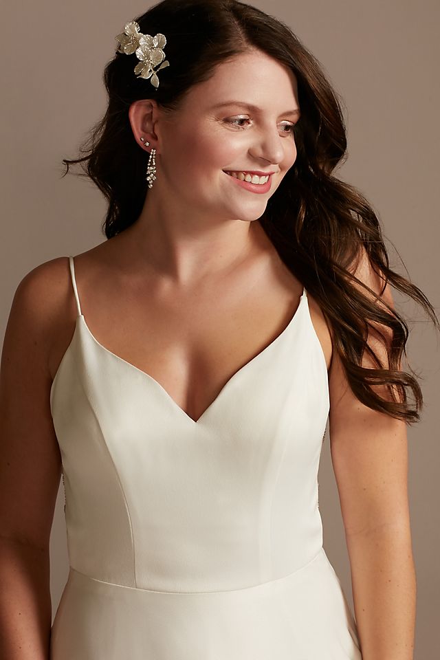 Vestido de novia línea A en satín con trasparencia en la espalda, BLANCO SUAVE, hi-res