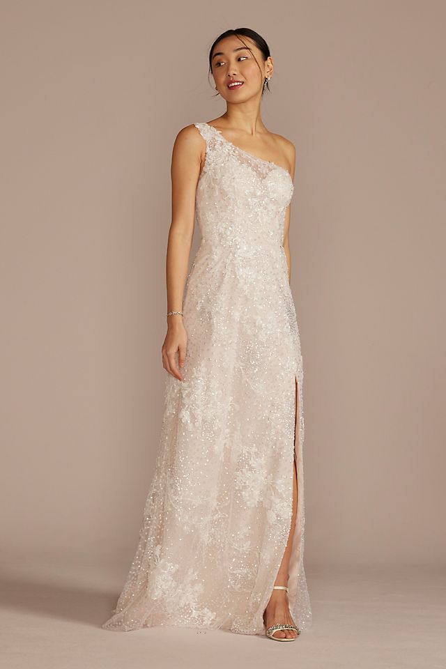 Vestido de novia línea A con escote asimétrico y falda desmontable, MARFIL/PIEDRA, hi-res