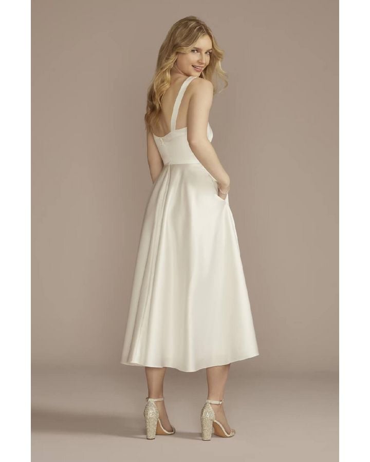 Vestido de novia midi con plisado en escote, BLANCO SUAVE, hi-res