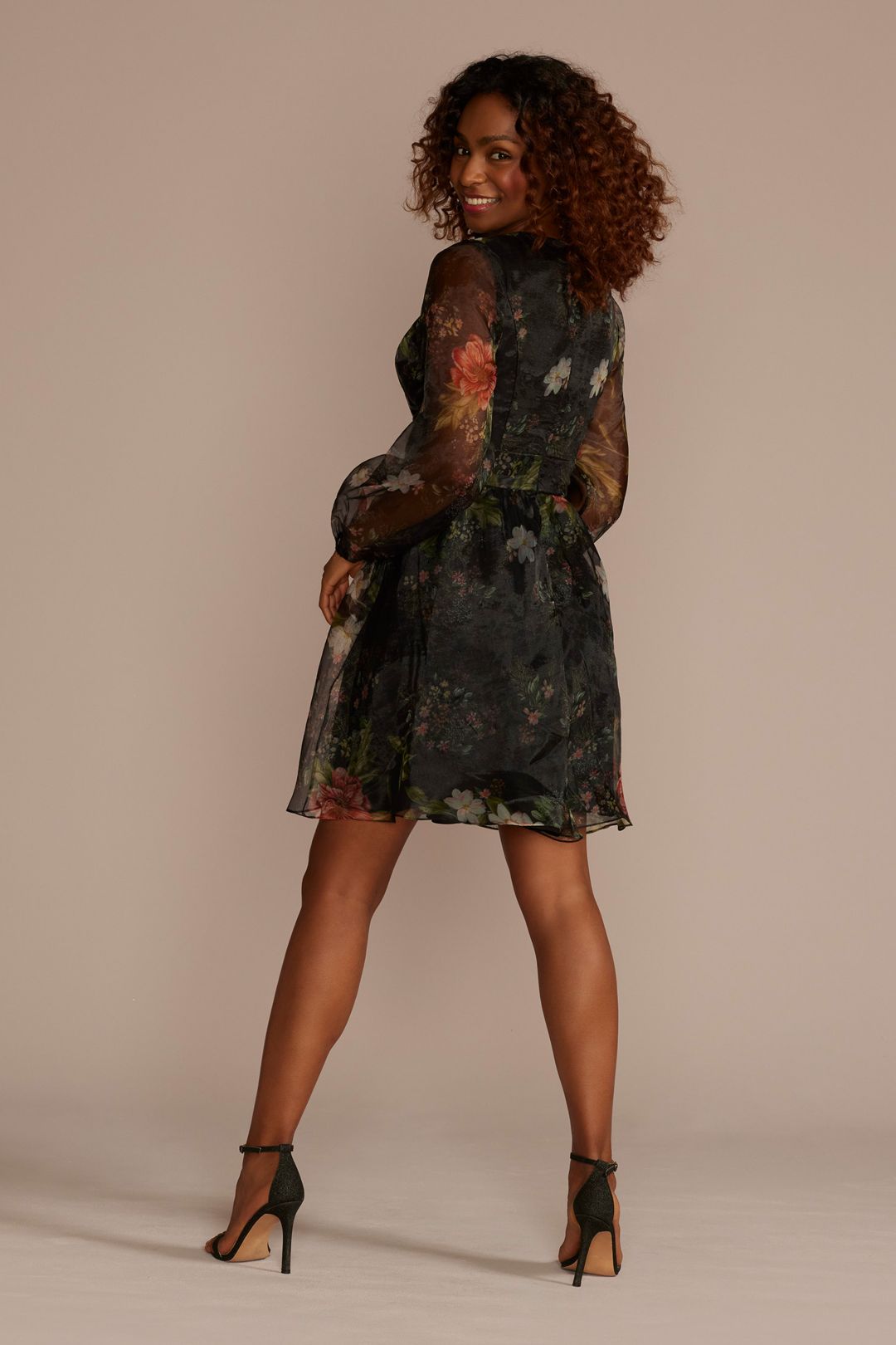 Vestido corto de organza con estampado floral y mangas largas, NEGRO/MULTI, hi-res