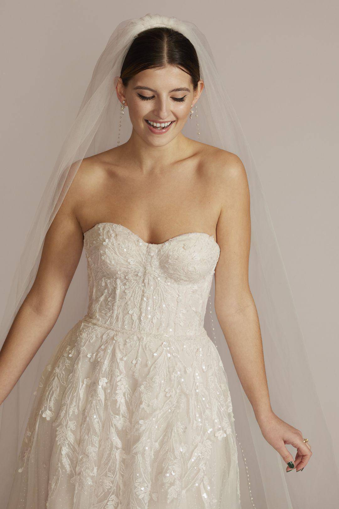 Vestido de novia strapless con aplicaciones de brillante pedrería, MARFIL NACARADO, hi-res