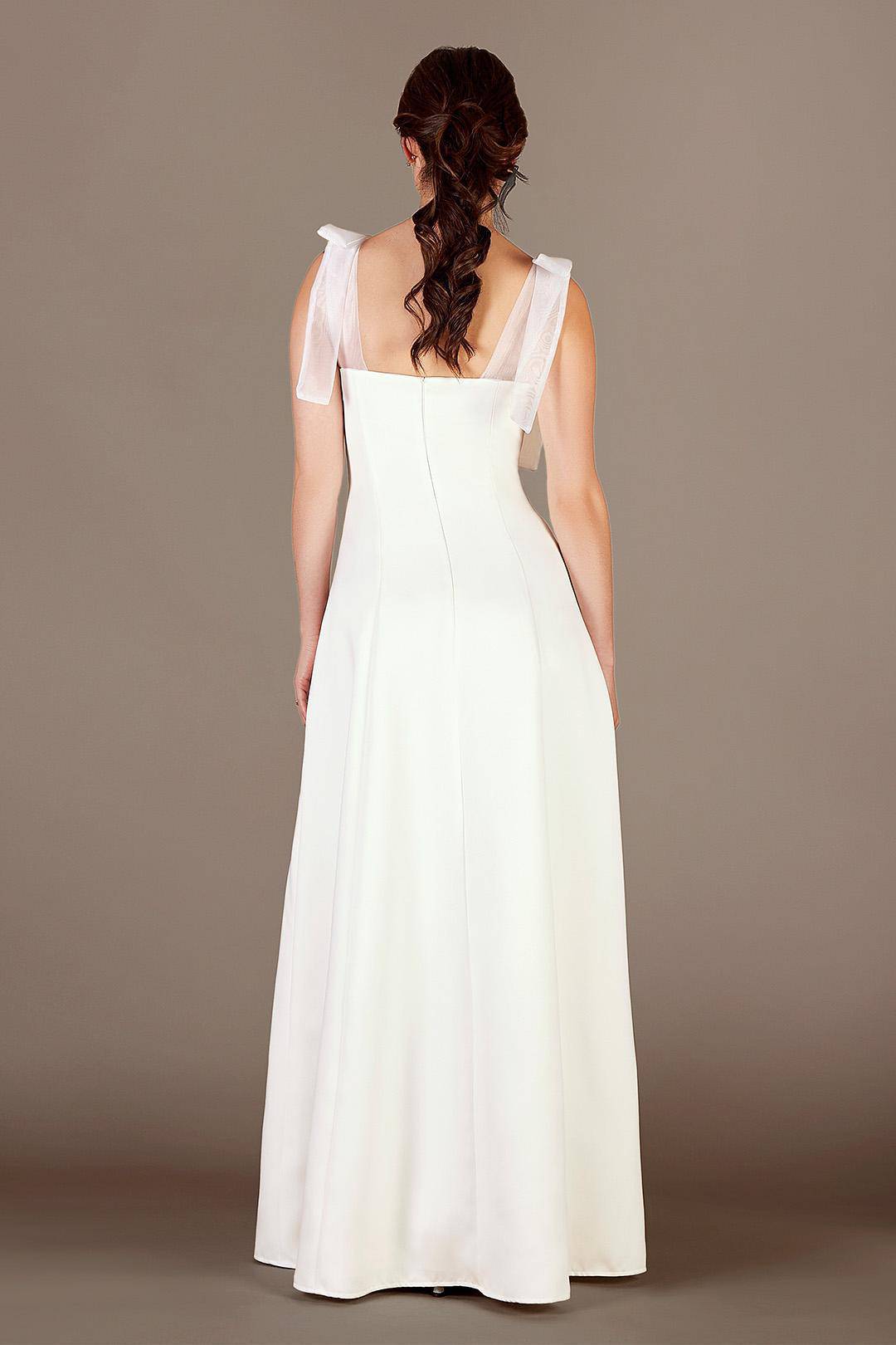 Vestido de novia línea A con tirantes de moños en tul, BLANCO SUAVE, hi-res