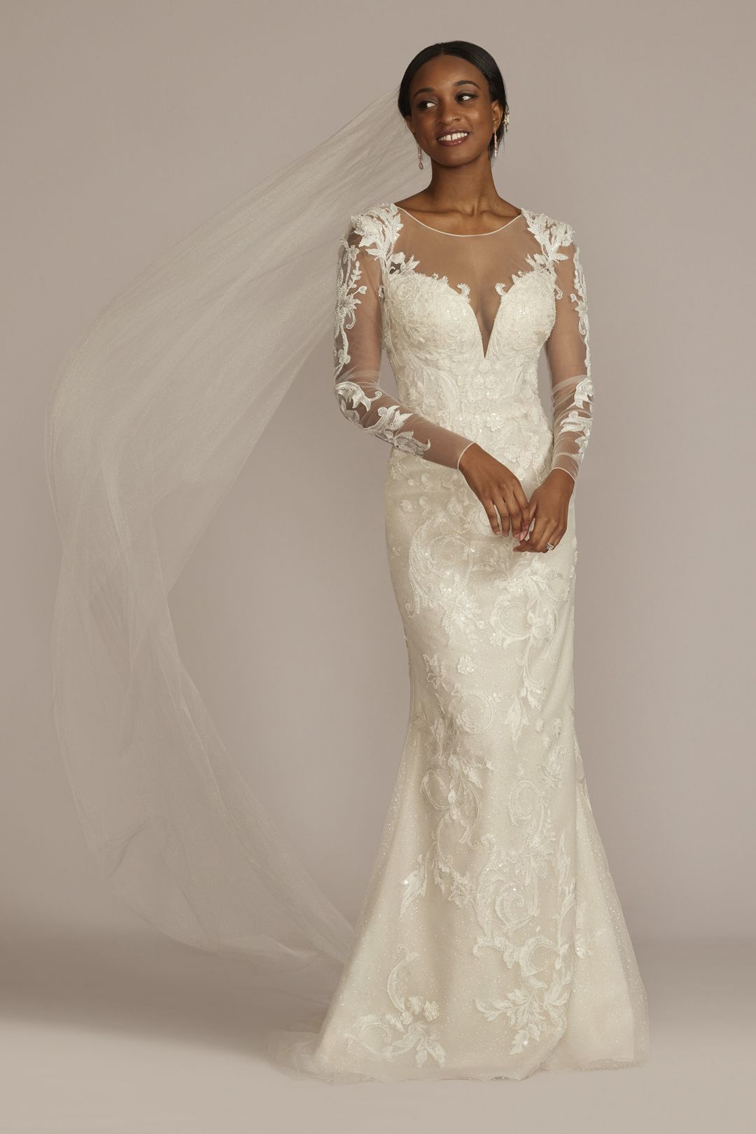 Vestido de novia sirena con falda desmontable y mangas largas, MARFIL/PIEDRA, hi-res