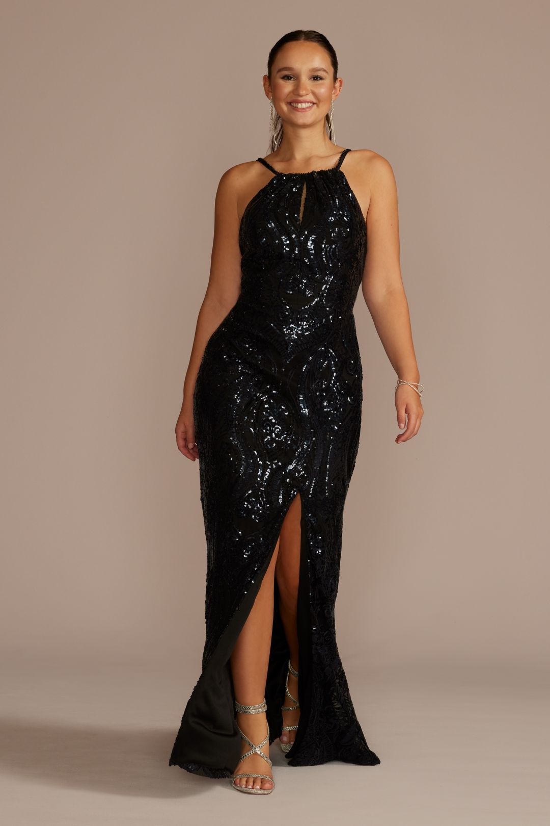 Vestido largo de lentejuela con abertura en pierna y escote halter, NAVAL, hi-res