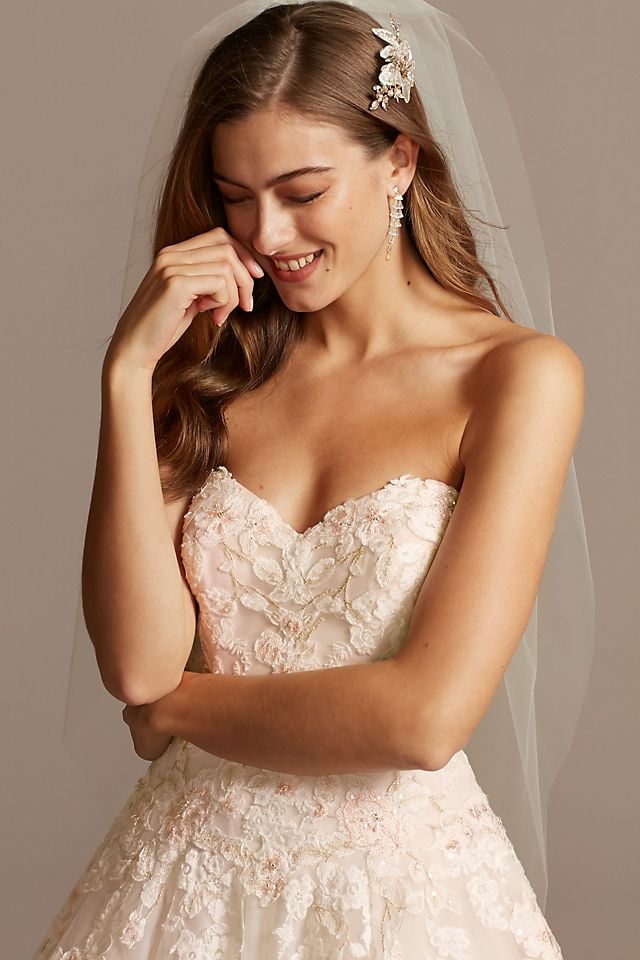 Vestido de novia princesa strapless con aplicaciones florales, MARFIL/ARENA, hi-res