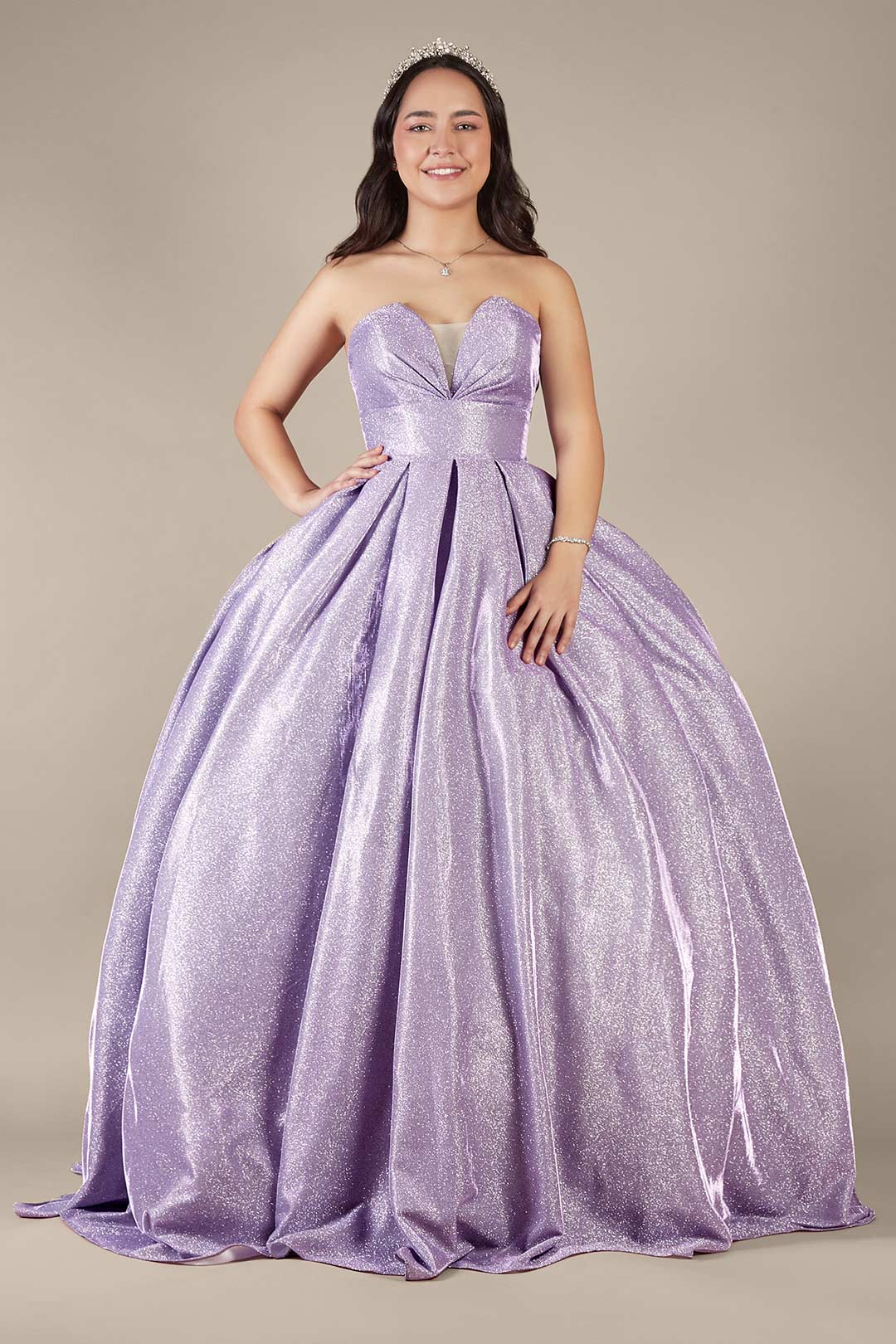 Vestido de quinceañera dorado strapless con escote corazón, LILA CLARO, hi-res