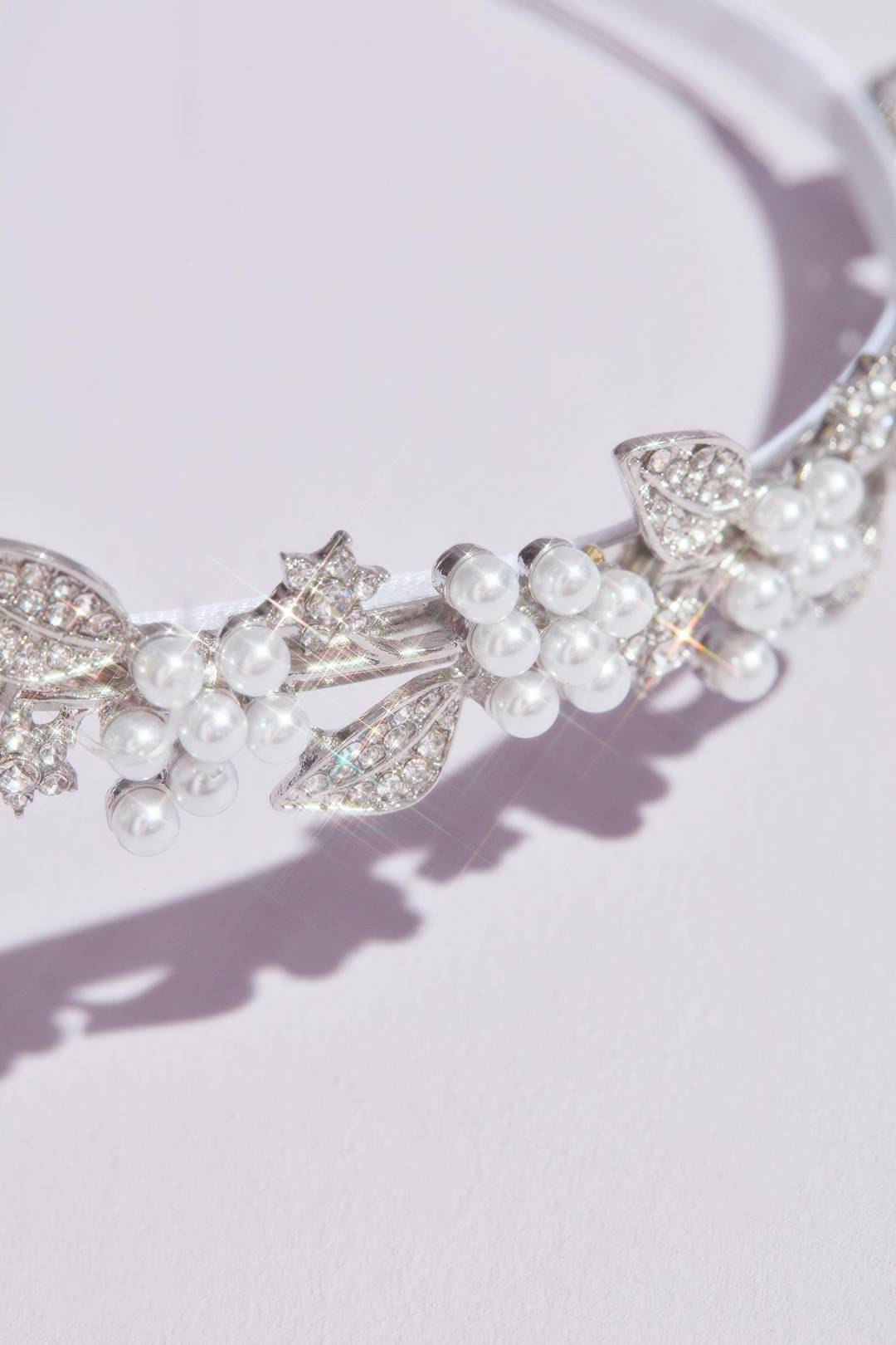 Diadema con perlas y hojas con cristales, PLATA, hi-res