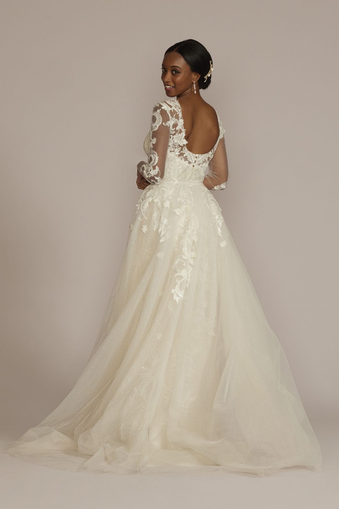 Vestido de novia sirena con falda desmontable y mangas largas, MARFIL/PIEDRA, hi-res