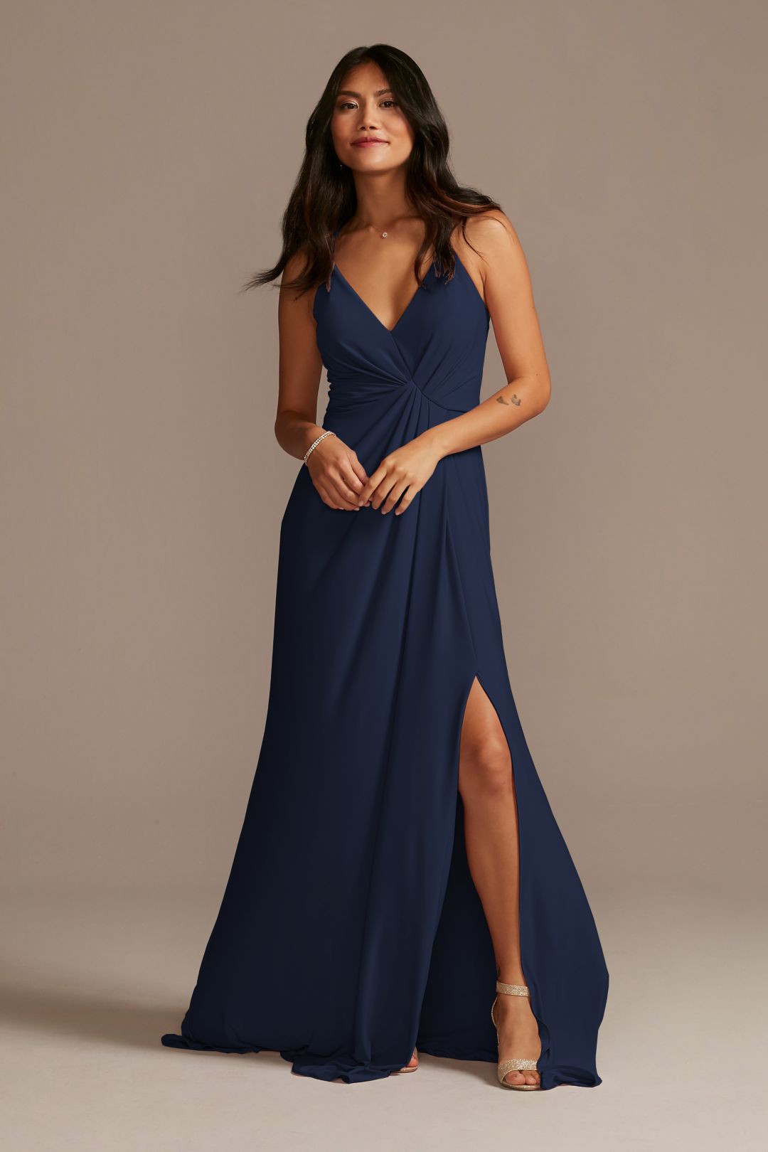 Vestido de dama con fruncido en cintura y abertura en pierna, MARINO, hi-res