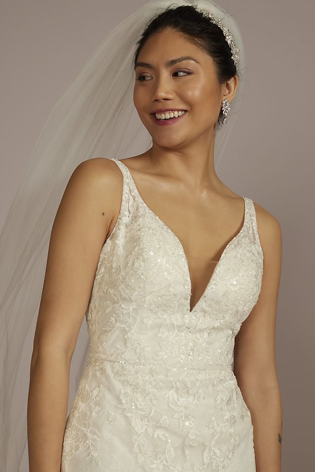 Vestido de novia sirena con aplicaciones florales y escote profundo en V, MARFIL, hi-res