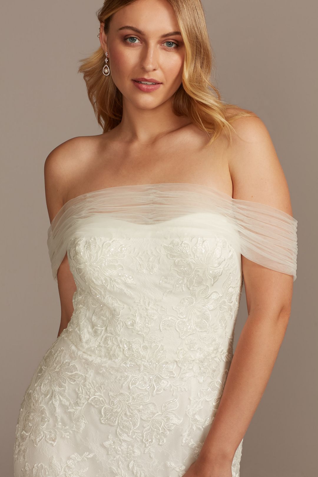 Vestido de novia sirena con mangas de tul al hombro, BLANCO, hi-res