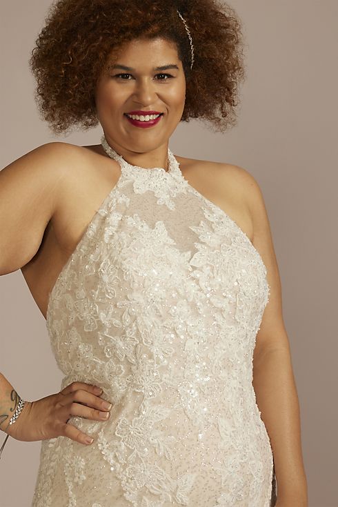 Vestido de novia sirena de encaje con escote halter, MARFIL SOLIDO, hi-res