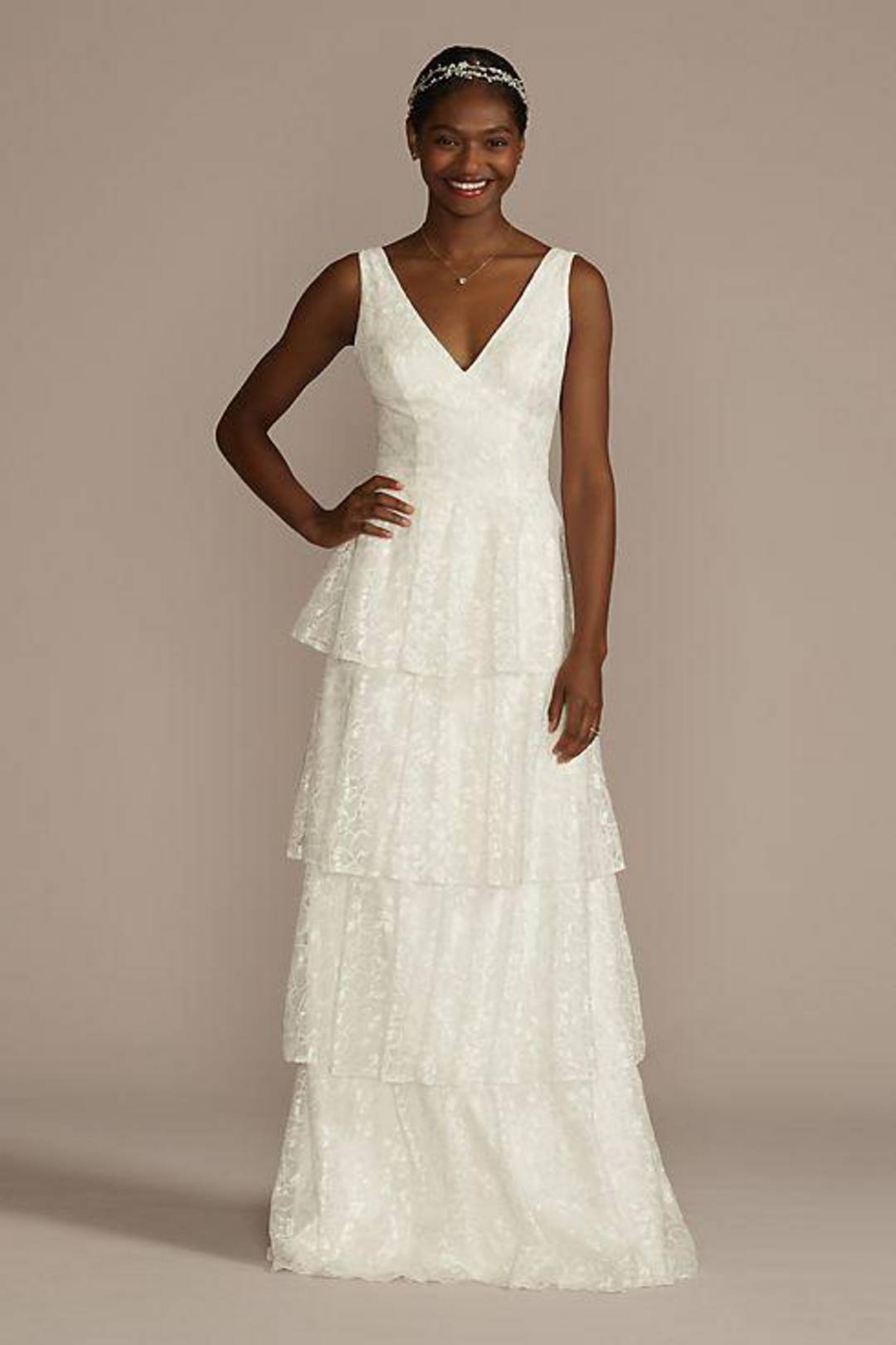 Vestido de novia línea A de encaje con falda en niveles, BLANCO SUAVE, hi-res