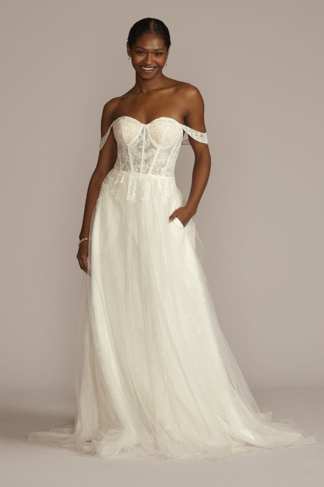 Vestido de novia línea A con corset y tirantes removibles, BLANCO SUAVE, hi-res