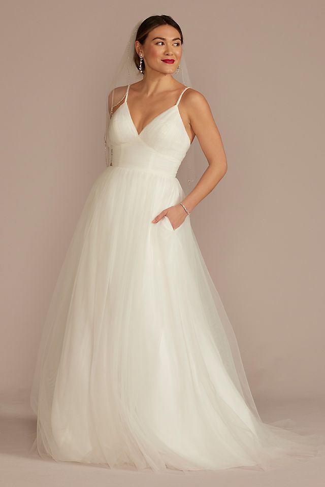 Vestido de novia línea A con espalda baja y tirantes decorados con cristales, BLANCO SUAVE, hi-res
