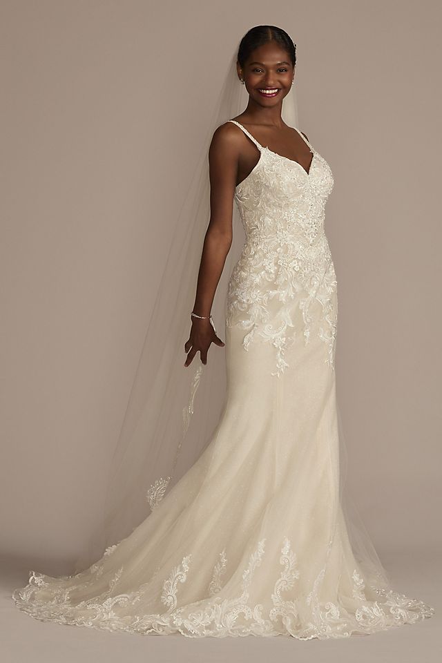 Vestido de novia sirena con tirantes finos y aplicaciones de encaje, MARFIL/PIEDRA, hi-res