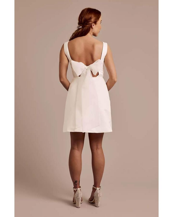Vestido escote cuadrado y moño en espalda, BLANCO SUAVE, hi-res