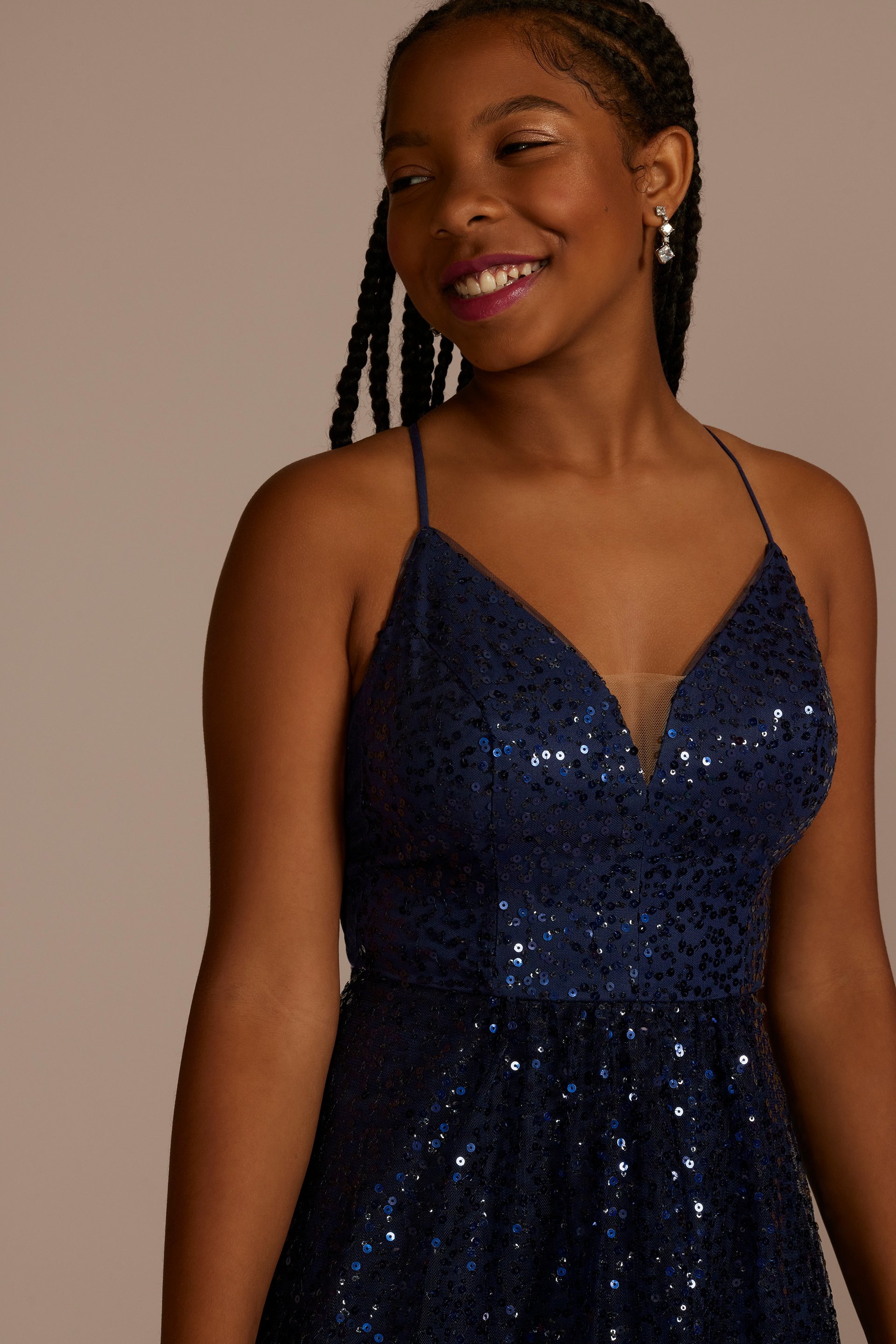 Vestido largo de lentejuela con escote en V y silueta princesa, NAVAL, hi-res