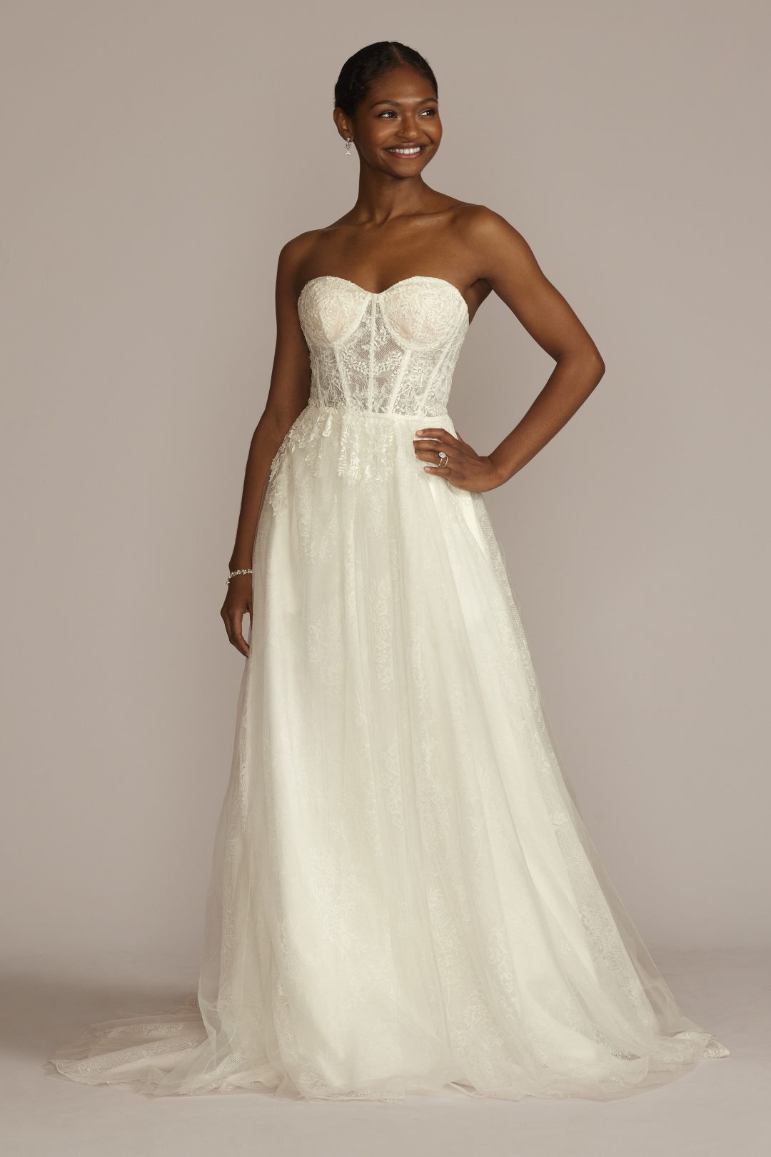 Vestido de novia línea A con corset y tirantes removibles, BLANCO SUAVE, hi-res