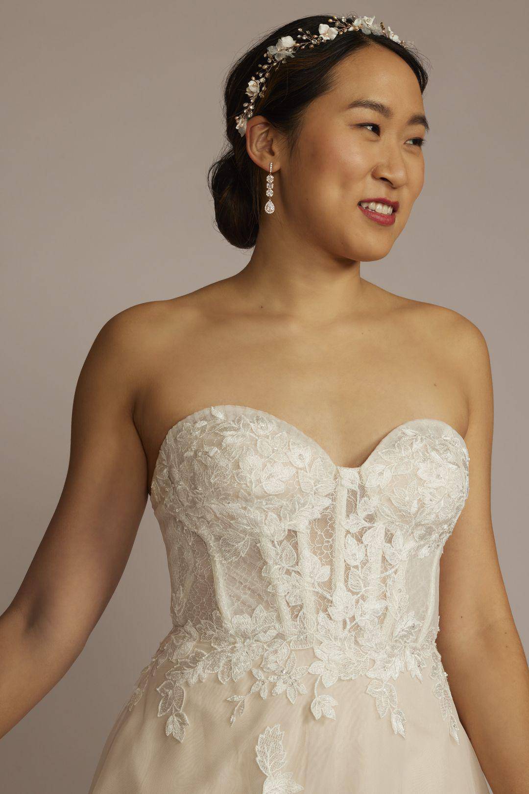 Vestido de novia strapless con corset y mangas desmontables, MARFIL/PIEDRA, hi-res