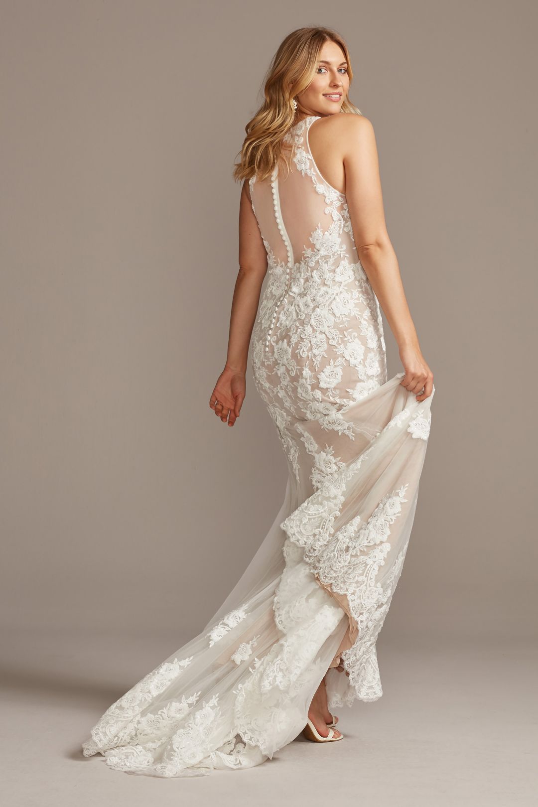 Vestido de novia sirena con escote profundo halter y encaje floral, MARFIL SOLIDO, hi-res
