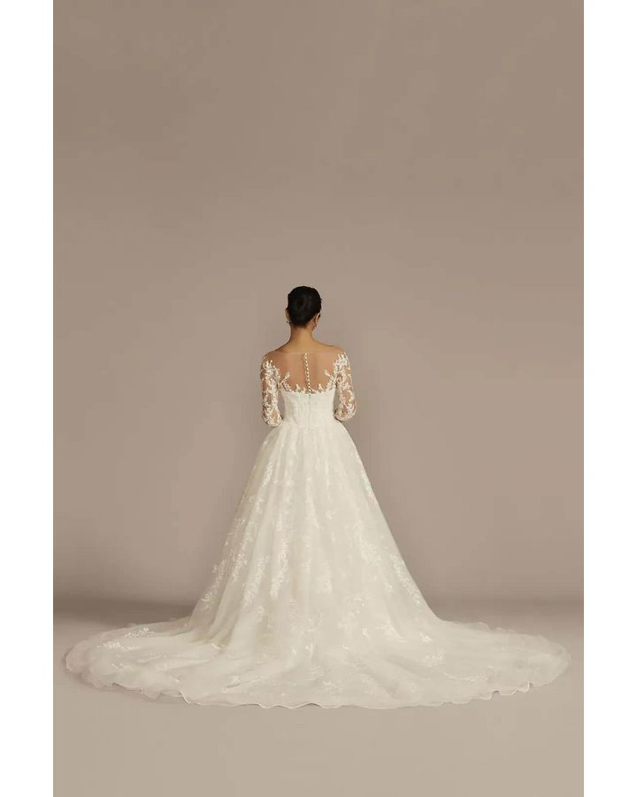 Vestido de novia con mangas y escote ilusión, MARFIL/PIEDRA, hi-res