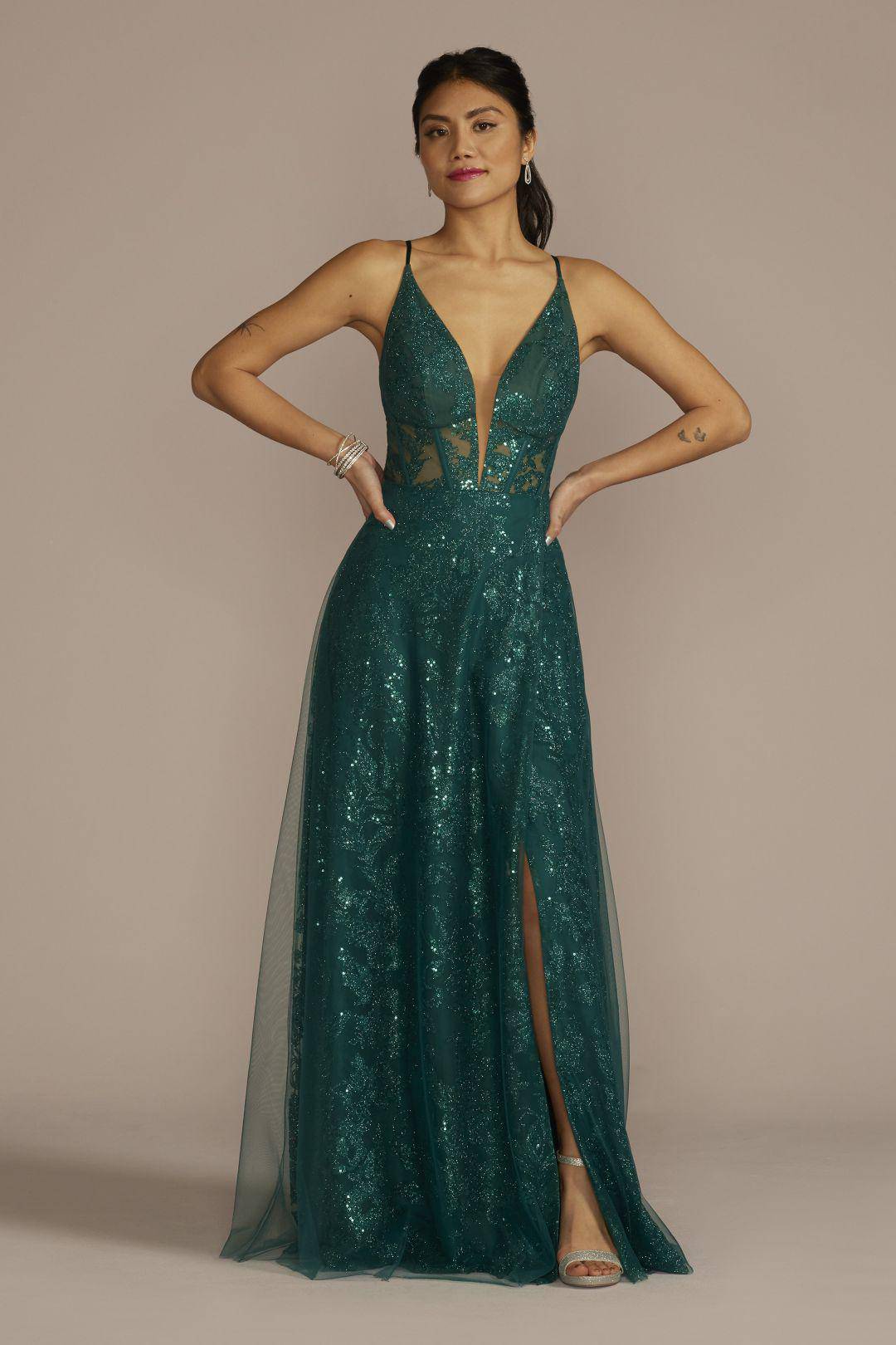 Vestido largo con escote profundo, espalda de tirantes cruzados y detalles de lentejuela, GEMA, hi-res