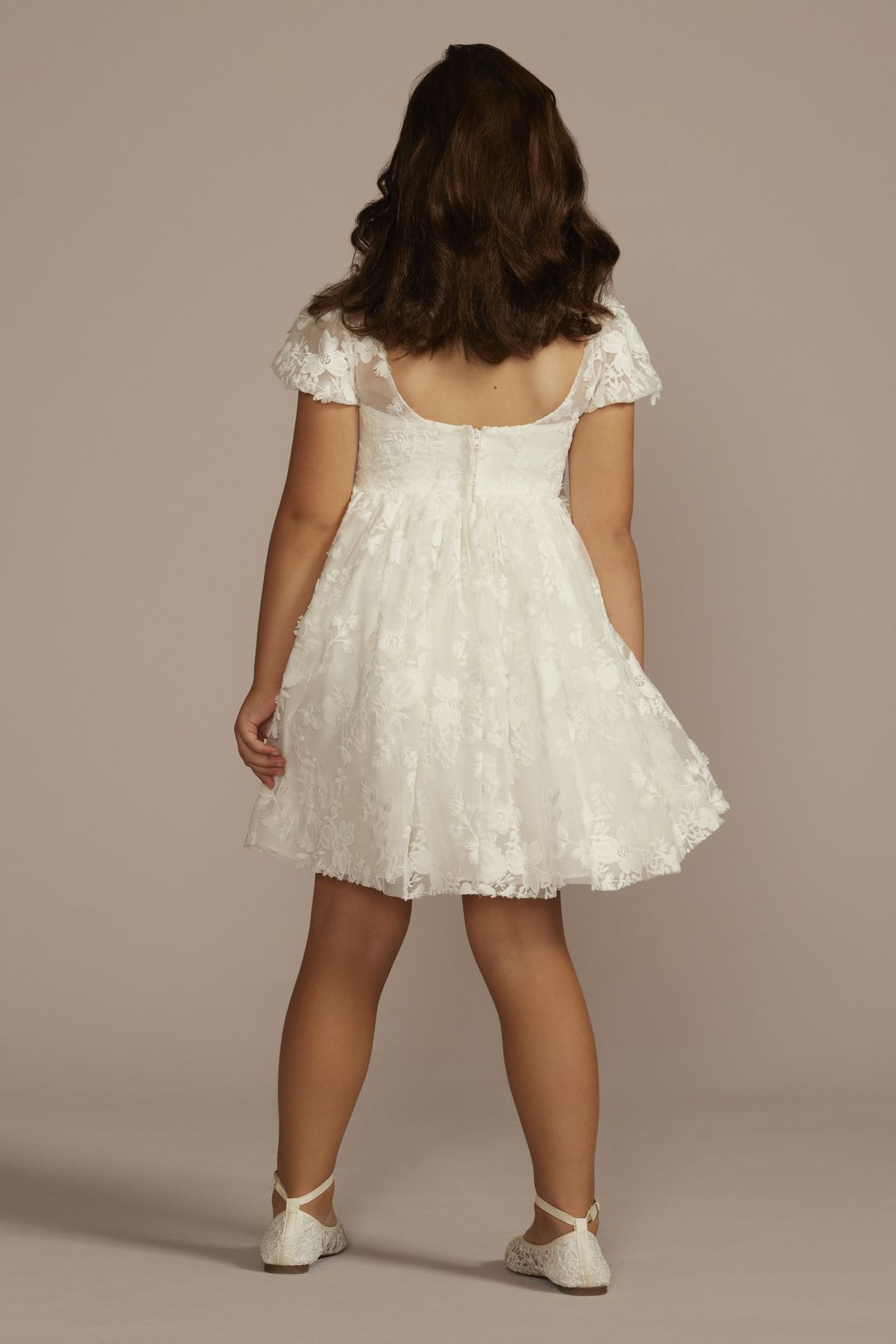 Vestido de primera comunión corto de encaje con mangas abombadas, BLANCO SUAVE, hi-res