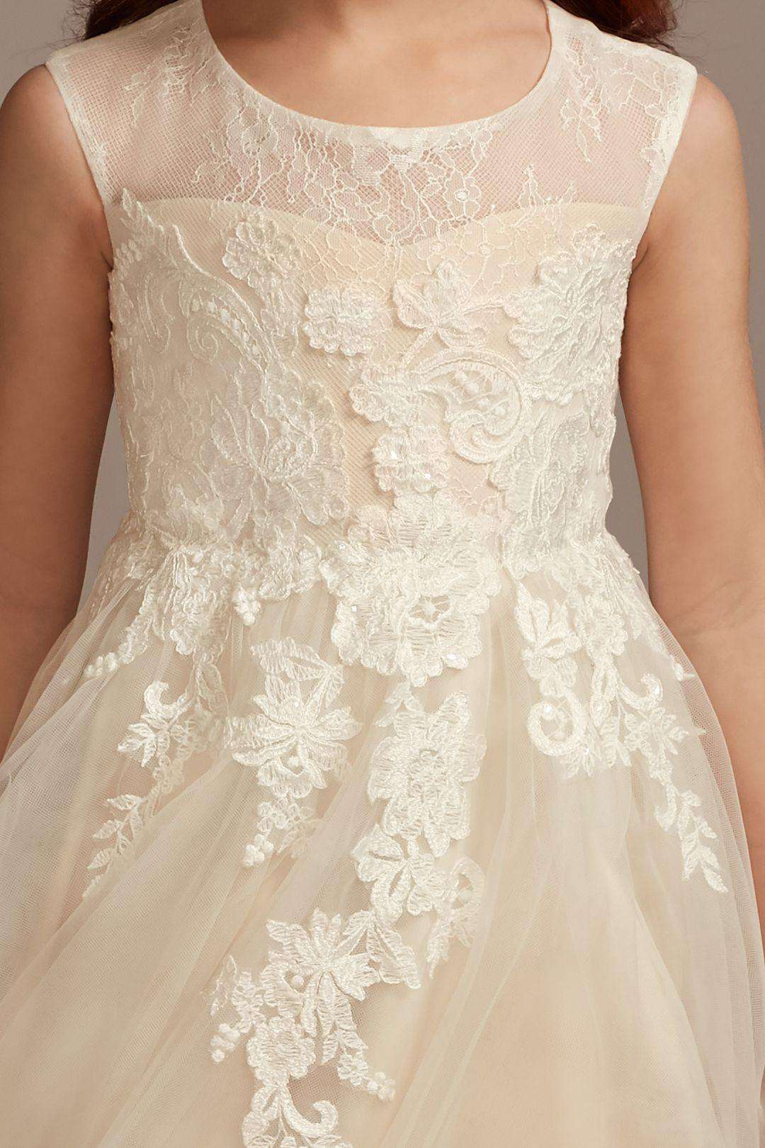Vestido de primera comunión con aplicaciones de encaje y botones en espalda, MARFIL, hi-res