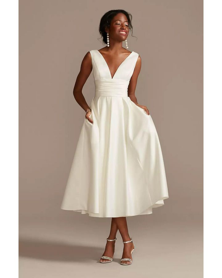 Vestido de novia midi satinado, MARFIL, hi-res
