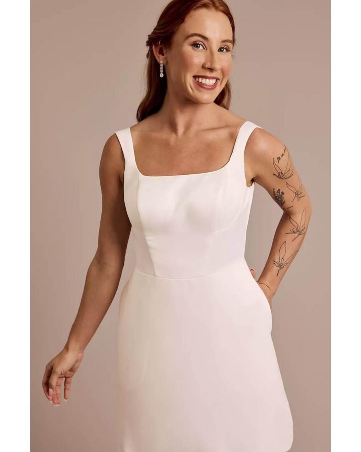 Vestido escote cuadrado y moño en espalda, BLANCO SUAVE, hi-res