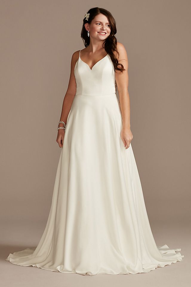 Vestido de novia línea A en satín con trasparencia en la espalda, BLANCO SUAVE, hi-res