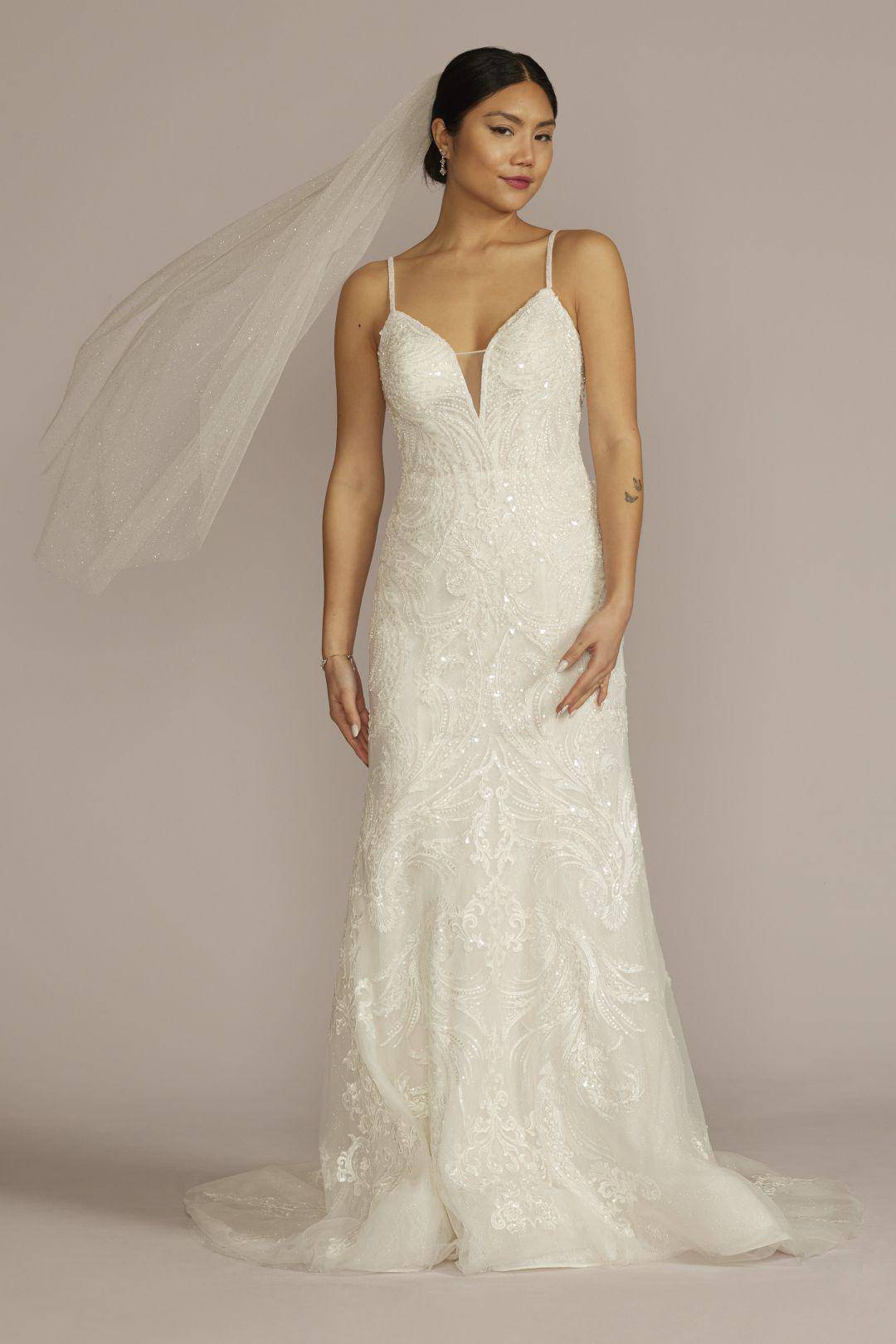 Vestido de novia sirena con escote profundo y aplicaciones brillantes, MARFIL, hi-res
