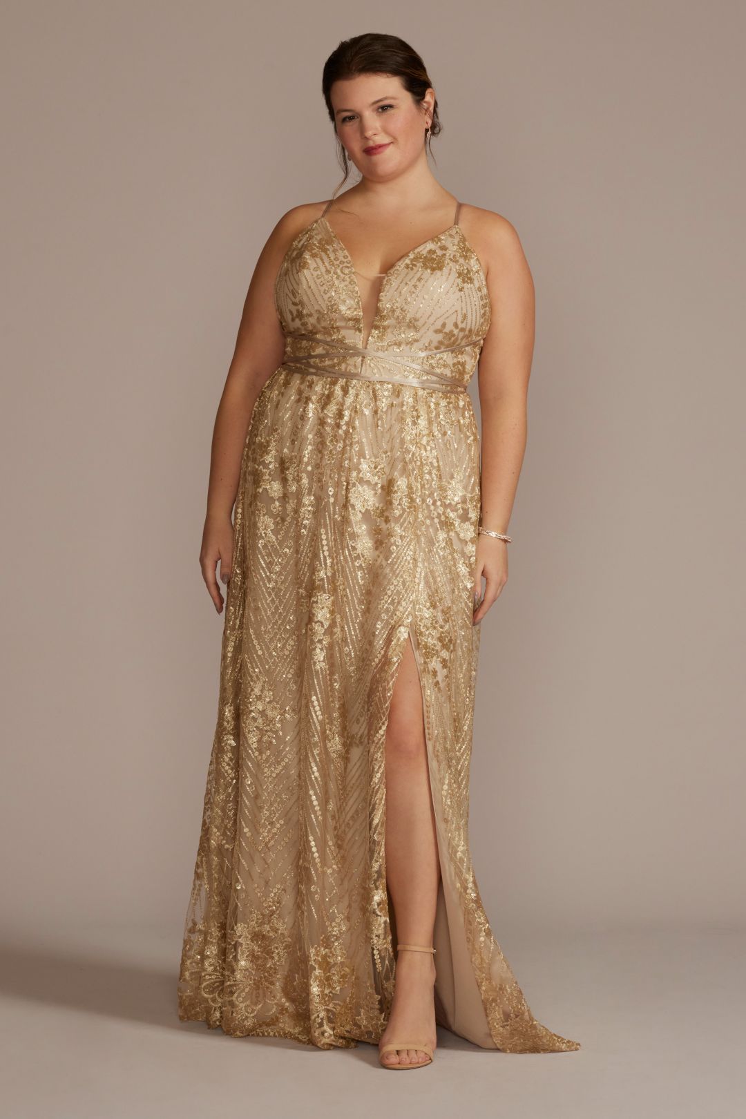 Vestido de dama de encaje y aplicaciones de lentejuela, ORO ROSA, hi-res
