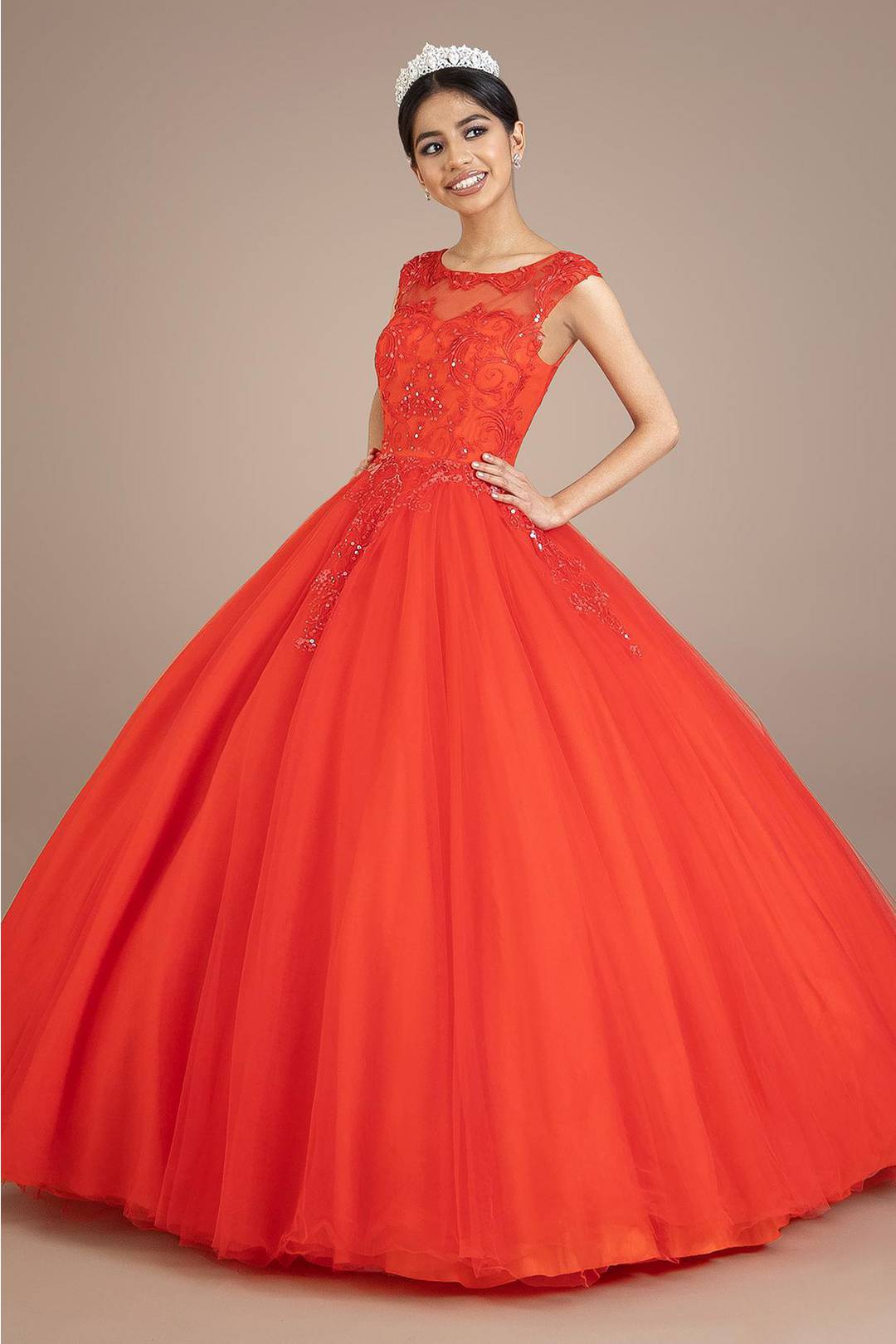 Vestido xv años manga corta escote ilusión, ROJO INTENSO I, hi-res