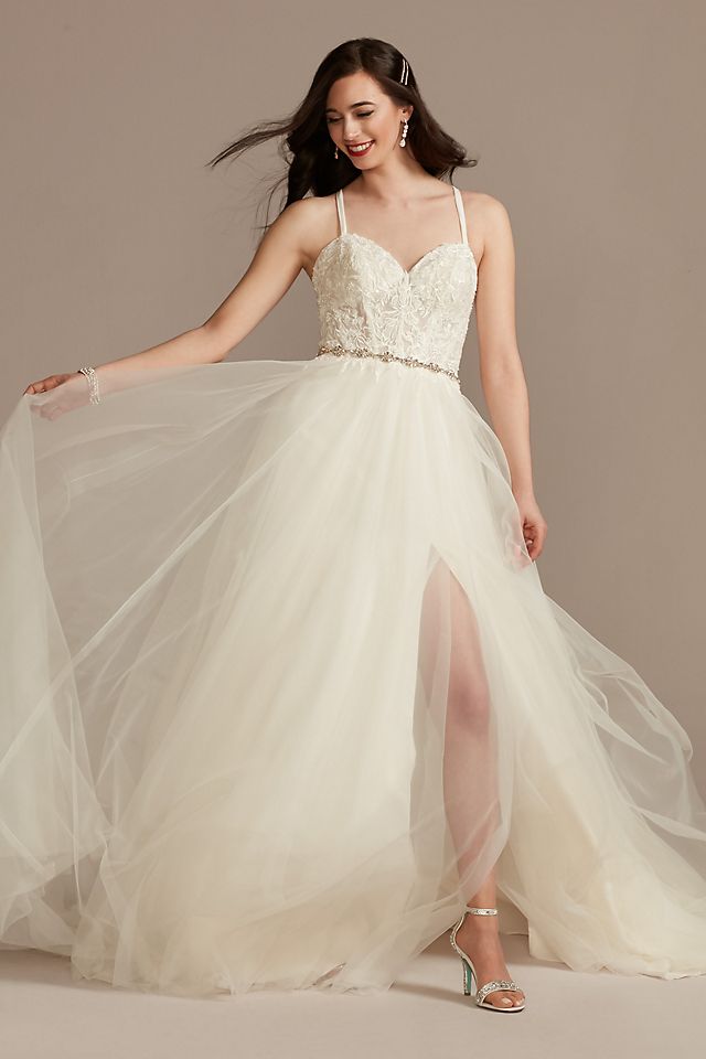 Vestido de novia línea A con corset y escote corazón, MARFIL, hi-res