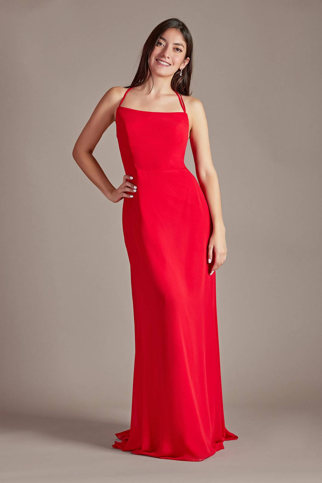 Vestido largo de crepé con escote recto y tirantes cruzados en espalda, RED, hi-res
