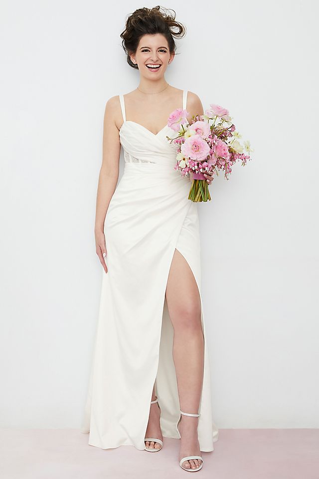 Vestido de novia recto con escote corazón y corset con transparencia, MARFIL SOLIDO, hi-res
