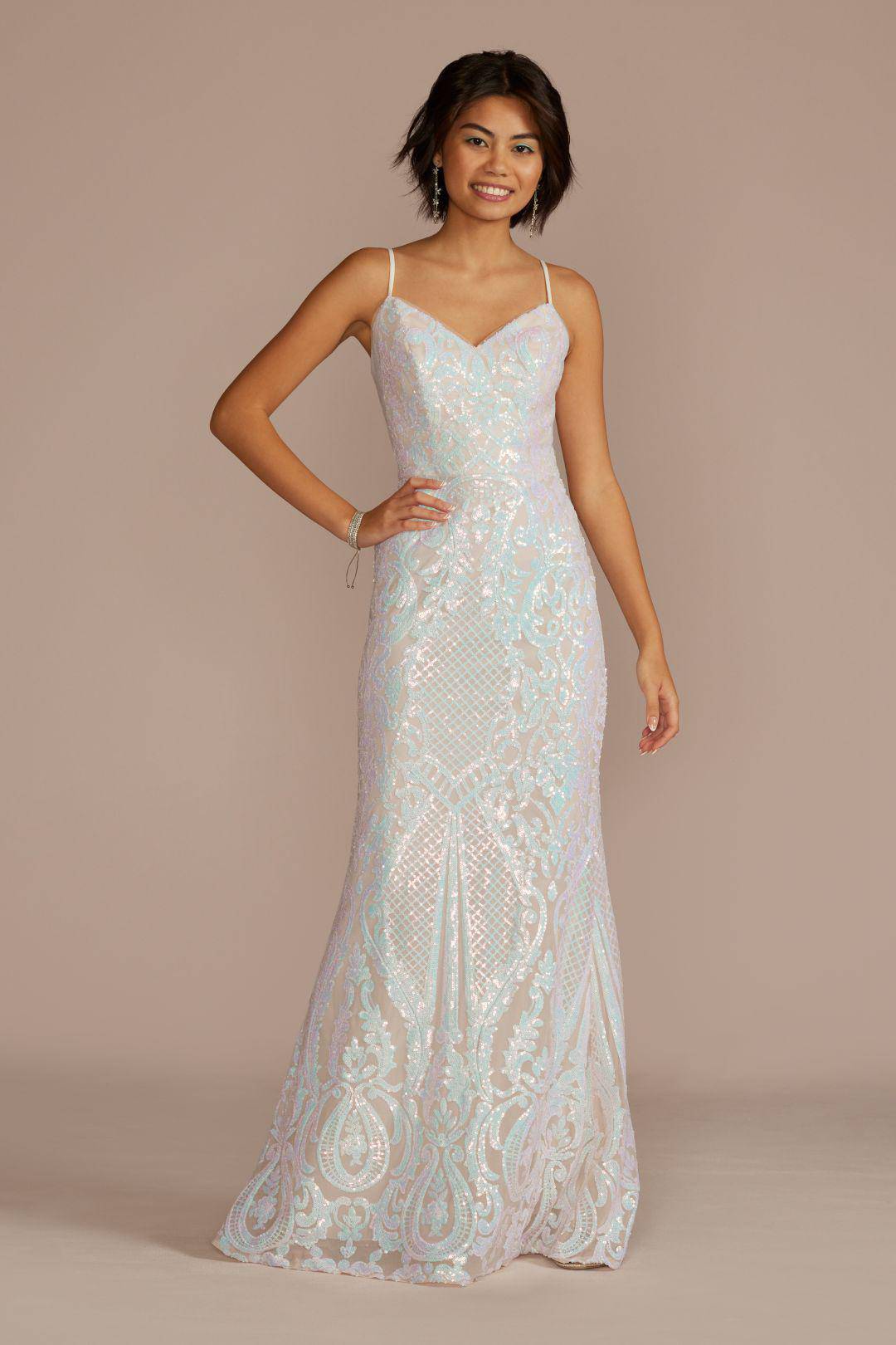 Vestido largo de lentejuela con tirantes, BLANCO, hi-res