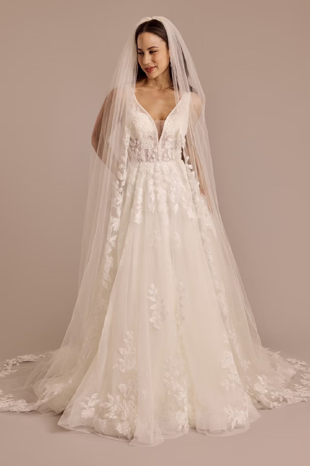 Velo catedral con encaje floral, MARFIL, hi-res