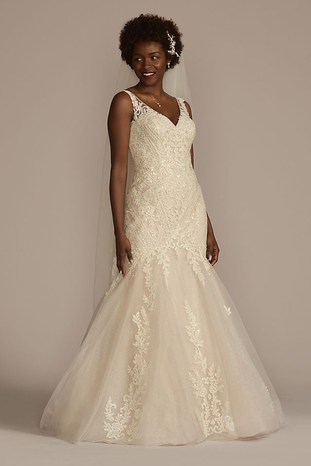 Vestido de novia sirena con aplicaciones de encaje y escote en V, MARFIL/CASHMERE, hi-res