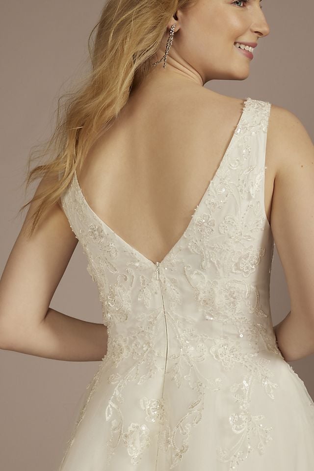 Vestido de novia midi con aplicaciones de encaje y brillo, BLANCO SUAVE, hi-res